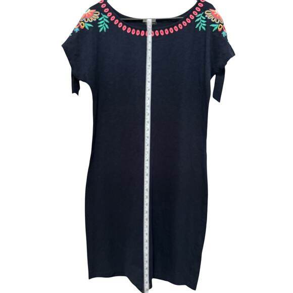 Talbots Navy Blue Embroidered Short Tie Sleeve Cotton Shift Dress LPetite - Picture 2 of 5